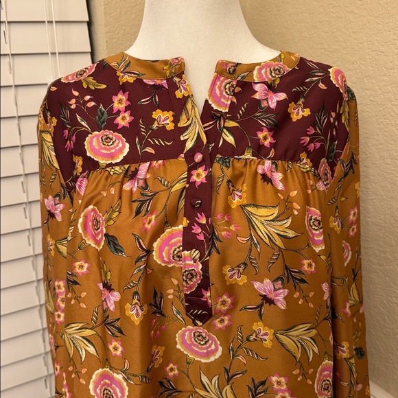 LOFT Floral Blouse Mustard Burgundy Long Sleeves Women's Small - Picture 6 of 14